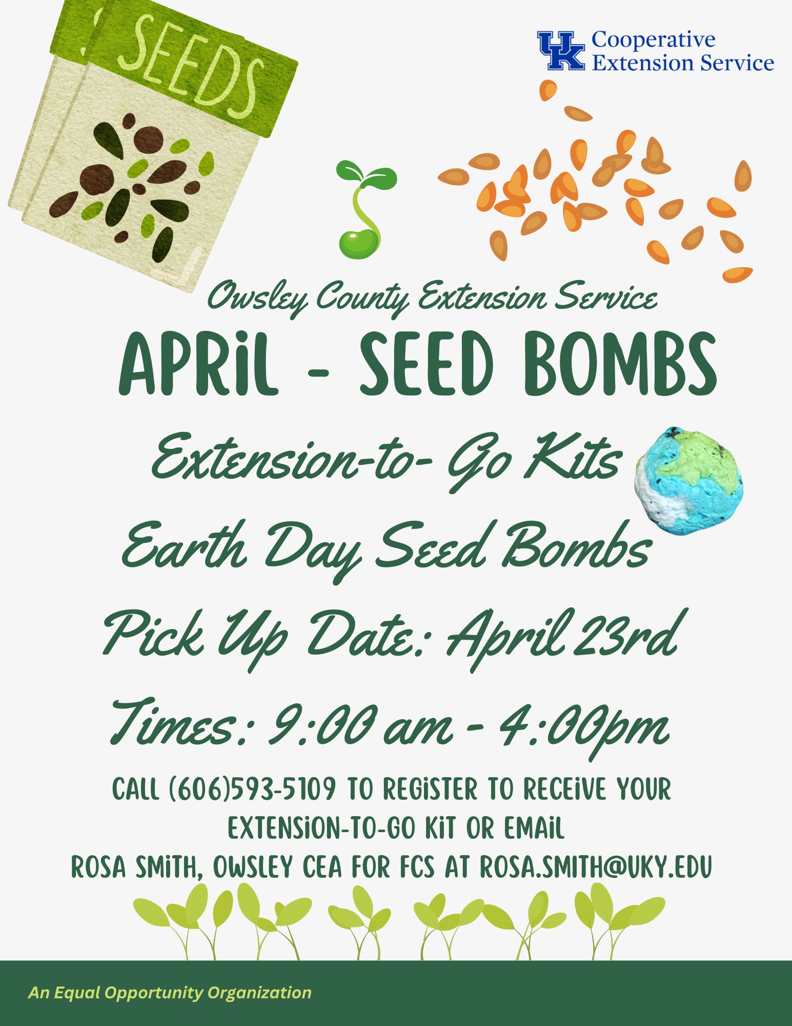 Flyer about picking up kit to make Seed Bombs for Earth Day