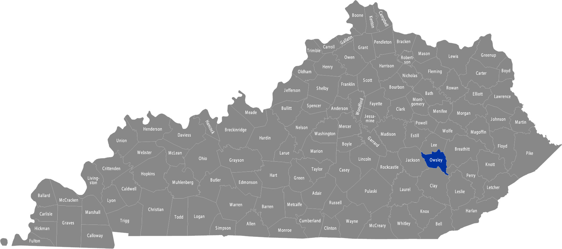 State of Kentucky map with Owsley County highlighted 